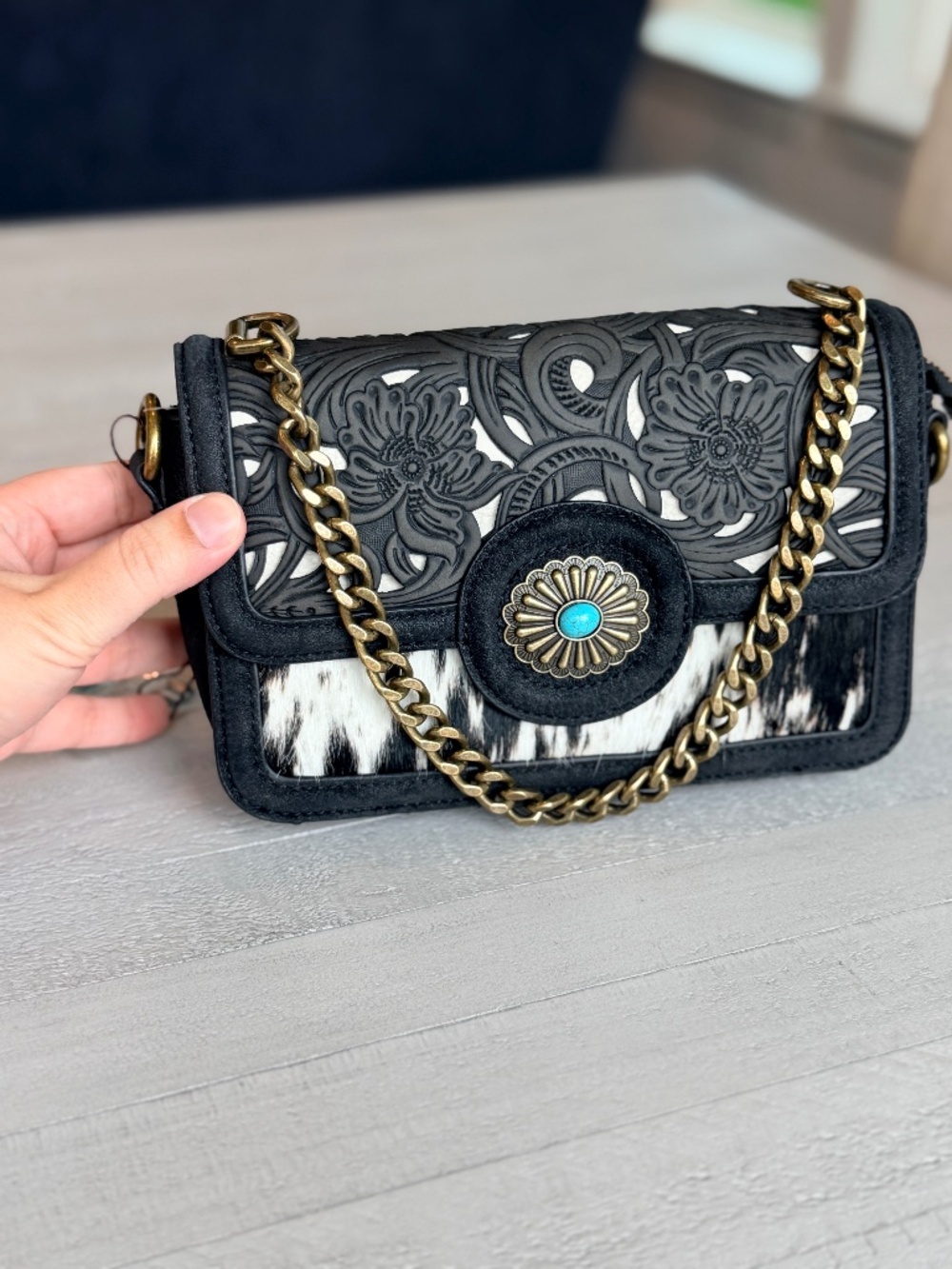 Trinity Ranch Cowhide Floral Cutout Crossbody Bag Black